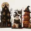 Produtos de madeira populares para vendas transfronteiriças: Enfeites de madeira de Halloween, incluindo um boneco de neve, uma casa mal-assombrada e uma abóbora - um conjunto de três enfeites de madeira