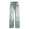 D1686 Jeans Rasgados Lavados Azul Retro de Gama Alta Estilo Calle Americano para Hombre, Sueltos, Casuales, Adelgazantes