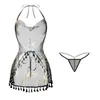Lencería Erótica de Nuevo Estilo con Estampado Dorado de Fénix, Cuello Halter, Transparente, Atado Sexy de Encaje, Borla, Abertura y Camisón de Malla Transparente