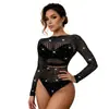 Body Vazado com Strass para Mulheres, Manga Longa, Costas Nuas, Tela, Macacão Sexy Totalmente com Strass para Boate, Roupa da Moda Hot Girl
