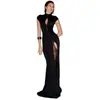 Comercio Exterior Estilo Europeo y Americano Otoño e Invierno Nueva Moda para Mujer Vestido Sexy de Color Sólido con Abertura Alta, Cuello Alto, Huecos y Corte Ajustado para Mujer