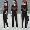 Conjunto casual esportivo de moda estilo coreano para mulheres, primavera e outono, moletom com gola redonda estampado de letras e calça de moletom de corte justo conjunto de duas peças, transfronteiriço