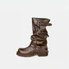 Botas largas para mujer 2025 nuevas botas plisadas apiladas de estilo vintage con hebilla de cinturón, tacón grueso, caña hasta la mitad de la pantorrilla, botas altas de montar