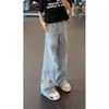 Calça jeans preta com bainha curva bordada em desenho animado para homens e mulheres, vibe americana, desgastada, cintura alta, lavada, perna reta, levemente flare