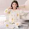 Pijama de Algodón Nube para Niñas Otoño Invierno Dulce Encaje Niños Medianos y Grandes Cárdigan Manga Larga Conjunto de Ropa de Casa para Niños