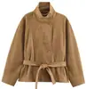 Chaqueta Corta de Otoño para Mujer, Gamuza Sintética, Cuello Alto, Solapa Diagonal y Cinturón, Estilo Vintage, En Stock, Venta al por Mayor de Fábrica