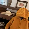 [Lingli] ¡Terciopelo Cálido de Invierno! Ropa Coreana para Niñas, Tejidos de Punto Grueso de Ganchillo Calados, Tejidos de Punto con Capucha, Transfronterizo