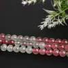 Contas de cristal de morango naturais por atacado, contas redondas de cristal de morango vermelhas e verdes, acessórios semiacabados para joias DIY