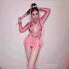 Body de encaje rosa con pedrería brillante, adecuado para mujeres, atuendo de manga larga para fiesta de cumpleaños, baile