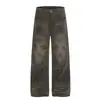 Jeans de Mezclilla Lavados y Desgastados con Relieve Estilo Retro Americano para Hombres y Mujeres, Pierna Recta Suelta, Adelgazantes, Versátiles Pantalones de Pierna Ancha