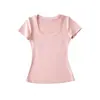 Top de Manga Corta Ajustado con Cuello en U Estilo Hot Girl para Yoga y Fitness de Verano, Camiseta Base Versátil Adelgazante de Cintura Alta para Correr