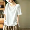 Camiseta suelta de algodón y lino, estilosa y versátil, top de verano de manga corta para mujer en color verde hierba