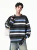 Suéter de Punto Texturizado a Bloques de Color Rayado Estilo Retro Americano para Hombre, Otoño Estilo Perezoso Sensación Holgada Suéter de Punto de Cuello Redondo para Parejas