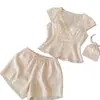 Artículo popular en stock para transmisión en vivo: Pijama de encaje patchwork de manga corta para mujer, diseño estilo coreano, nuevo modelo de verano con copas en el pecho, ropa para el hogar