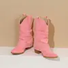 Botas de Montar Vaqueras de Gamuza con Tacón Grueso de Tacón Alto en Color Caramelo Slip-On para Mujer, Botas de Media Pantorrilla, Botas Cortas, Botas Martin