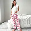 Conjunto de Pijama Feminino de Verão Sem Mangas e Calça Longa, Estampa de Coração em Seda Leite, Roupa de Casa Casual