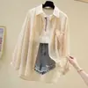 Camisa Exterior de Verano para Mujer, Estilo Delgado, Holgada, Versátil, Manga Larga, Gasa, Seda de Hielo, Longitud Media, Camisa Casual para Mujer