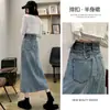 Saia Jeans Feminina 2025 Primavera e Outono Nova Cintura Alta Emagrecedora Cinza Cimento Fenda Saia Evasê Quadril Comprimento Médio
