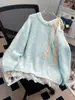 Suéter de punto para mujer, estilo europeo y americano, otoño, manga media, moda, encaje pesado, patchwork, lazo, longitud media, cuello redondo