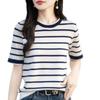 2025 Primavera y Verano Nuevo Algodón Puro Cuello Redondo Tejido Manga Corta Camiseta para Mujer Rayas con Bloques de Color Suéter Holgado Camiseta Básica