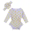 Roupa de Bebê Verão Meninas Roupa de Envolver Fralda Macacão Triângulo para Engatinhar Polka Dot Bronzeado Pompom Faixa de Cabelo Macacão de Manga Longa para Bebê