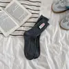 Calcetines para Mujer, Nueva Colección de Otoño, Estilo Coreano, Estilo Ins de Dongdaemun, Color Sólido, Rayados, Botón, Etiqueta de Tela, Calcetines de Algodón de Punto Doble hasta la Pantorrilla