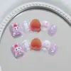 Uñas postizas de corazón esmerilado color taro a cuadros de dibujos animados con lazo, juguetonas y dulces, extraíbles, para manicura infantil