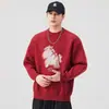Suéter de Punto con Estampado Nuevo Otoño/Invierno 2026 para Hombre, Corte Holgado, Cuello Redondo, Rojo, Tallas Grandes, Top Suéter Versátil al por Mayor