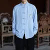 Camisa bordada masculina Outono 2026, estilo terno Tang, casual, novo estilo chinês, com botões decorativos, retrô, corte solto, gola alta, plus size, camisa de manga longa