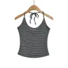 Top Regata Listrado Sexy Decote Halter Laço Decote U para Mulheres Quentes Verão Novo Slim Fit Camisa Base Curta