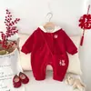 Capa com Forro de Lã Nova para Meninas Outono e Inverno Capuz de Natal Macacão de Escalada com Capuz Macacão Festivo Vermelho para Bebê Ano Novo