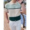 Camiseta de Manga Corta Americana Retro Trendy con Solapa de Seda de Hielo, Moderna y Versátil para Primavera y Verano, Camisa Polo a Rayas con Bloques de Color