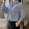 Camisa de Manga Longa Azul Simples de Cor Sólida com Bolso, Corte Solto, Curta, Nova para Primavera e Outono 2026, Estilo Ins Coreano, para Tamanhos Petite