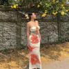 Nuevo Vestido Largo Sexy Floral sin Espalda Bikini de Dos Piezas Bandeau Floral Estampado Vietnamita de Nicho para Mujer