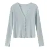 Cardigan de Tricô Doce de Verão com Mangas Longas e Babados, Gola V Fino Casual, Camisa de Proteção Solar 502 Roupas de Proteção Solar para Mulheres Verão