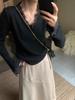 Camisa Básica de Malha com Gola V e Renda Francesa Manga Longa Outono e Inverno Top Chic Elegante Bonito de Alto Nível Slim-Fit
