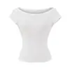 Camiseta de Manga Corta con Cuello Barco para Chica Popular Verano 2025 Nuevo Estilo Efecto Adelgazante de Cintura Color Liso Camiseta Básica Superior