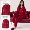 Pijama Rojo para Mujer en Primavera y Otoño con Cárdigan Acolchado de Algodón con Cuello Kimono Conjunto Dulce Casual para Casa