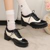 Zapatos Pequeños de Cuero Estilo Británico para Primavera y Otoño, Brogue con Bloques de Color Floral Quemado, Versión Coreana de Suela Gruesa, Tacones Gruesos Versátiles, Cierre Frontal con Cordones Retro