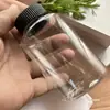 Botella de plástico transparente de 50, 80, 100, 150, 200, 250 y 300 ml, tapa negra, boca grande, para rellenar muestras de agua.