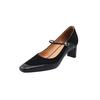 Elegante estilo francês fino pequeno quadrado toe couro completo mary jane 2025 primavera salto médio grosso pele de carneiro costura sapatos para mulheres