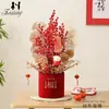 Conjunto de Dois Baldes Abraço de Tecido Veludo com Estampagem Dourada, Baldes de Bênção Festiva Wintergreen e Silver Willow, Baldes Redondos Vermelhos para Arranjo de Flores para o Festival da Primavera