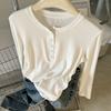 Camiseta de Manga Longa Macia e Encerada com Meio Botão, Cintura Franzida, Amassada, para Mulheres no Outono e Inverno, Elástica, Slim Fit, Versátil, Curta, para Usar por Baixo
