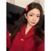 Pijama Coreano Rojo de Medio Terciopelo para Mujer, Nuevo Modelo de Invierno, Talla Grande, Engrosado, Cárdigan Cálido, Conjunto para Casa, Se Puede Usar Afuera