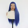 Estilo Europeo y Americano Peluca Sintética de Encaje Frontal con Flequillo Azul Belleza Cabello Largo Liso Tres Puntos Pieza de Cabello Fábrica de Qingdao Venta al por Mayor en Stock