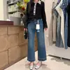 Jeans Retro Azules de Cintura Alta Cortos de Pierna Recta para Mujer, Estilo Coreano de Verano Sueltos Elásticos Versátiles Estrechos Casuales Pantalones de Pierna Ancha