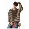 Suéter Retro Americano de Rayas y Bloques de Color con Cuello Redondo para Hombres y Mujeres Otoño Marca de Moda Cardigan Perezoso Holgado Ajuste Relajado Ropa de Abrigo