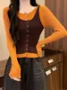 Blusa de tricô estilo coreano com color-blocking, falsa peça dupla, manga longa, para mulheres, novo design de outono, peça externa de caimento justo