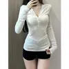 Top Sencillo Elástico Ajustado de Manga Larga con Cuello en V y Media Botonadura Estilo Puro Deseo para Mujer, para Usar Solo o en Capas