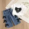 Conjunto de Verão Novo Europeu e Americano para Crianças: Camiseta Borboleta + Calça Jeans Longa Retrô, Conjunto de Duas Peças, Estilo Acadêmico, Temperamento Versátil